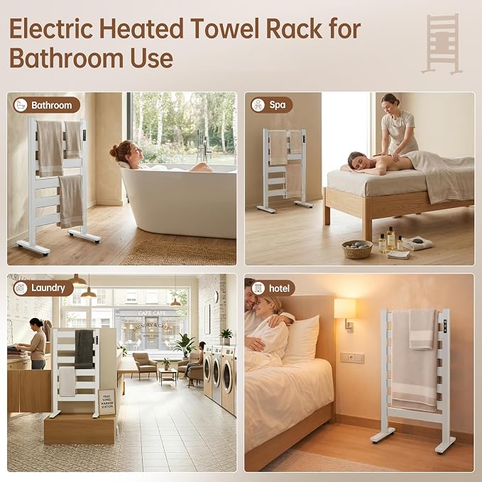 Heated Towel Rack – Rapid PTC Heating, LED Timer Control, High Temp & Large Capacity – 6 Bars Premium Freestanding Bathroom Towel Warmer,Matte White