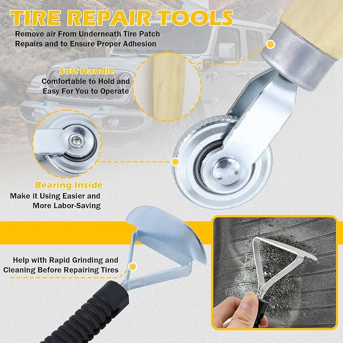 Kefly Air Tire Repair Kits, Wheel Polish Patch Tools, Includes 2500RPM Low Speed Air Tire Buffer, Tire Inner Liner Scrapper, Patch Roller, Tungsten Steel Buffing Wheel, and Precision Accessories
