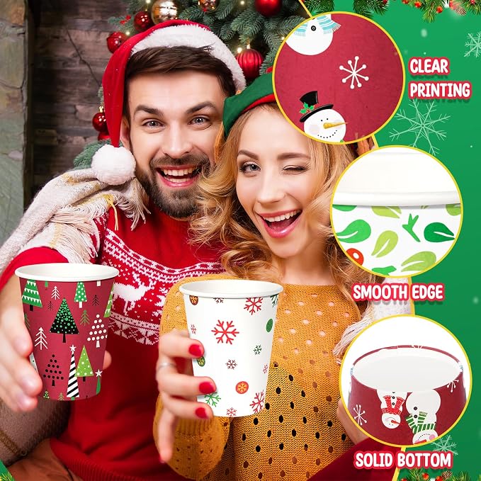 Hallswl 100 Pieces 12 oz Christmas Paper Cups with Lids, Disposable Coffee Cups for Cold Beverage Hot Drinking,Snowflake Tree Stripes Holly Berry Snowman Pattern Cup for Christmas Decorations