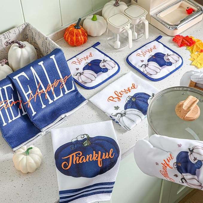 Fanfanwin 10 Pcs Thanksgiving Pumpkin Kitchen Decor Set Kitchen Towels Pot Holders Oven Mitts and Rugs Set Thanksgiving Decor for Baking Cooking Home Gift
