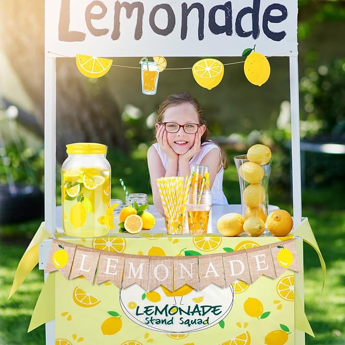 VitalCozy 205 Pcs Lemonade Stand Supplies Include 1 Gallon Plastic Lemonade Dispenser, Lemon Tablecloth, 2 Banner, Apron, 100 Paper Cups with Lids Straws for Lemon Party Supplies, Picnic, Beach Favor