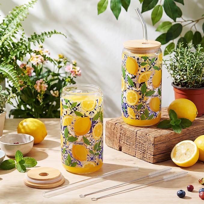 Sliner 2 Pcs Amalfi Lemon Glass Tumblers Capri Lemon Cups Drinkware 16 oz Drinking Glasses with Lid and Straw Mediterranean Decoupage Iced Coffee Cups Coast Holiday Gifts