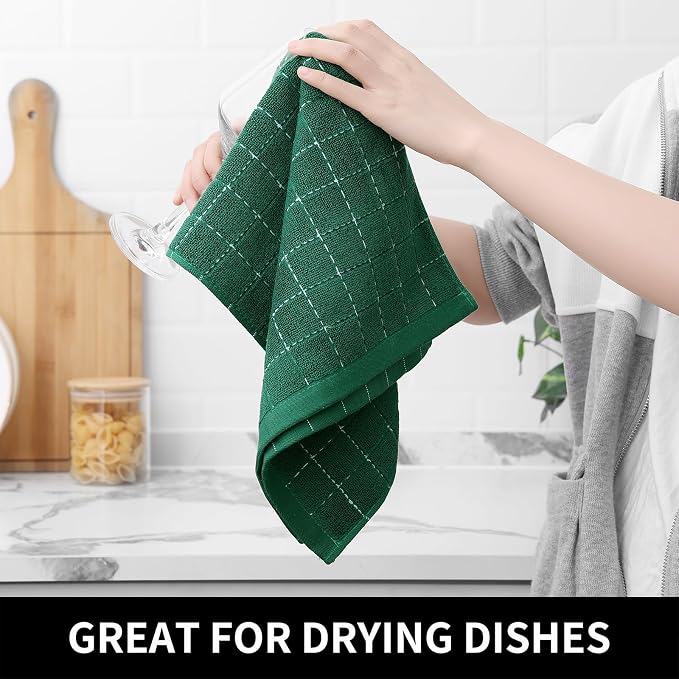 Homaxy Kitchen Towels and Dishcloths Set, 12 x 12 and 13 x 28 Inches, Set of 16 Bulk Cotton Terry Kitchen Towels Set, Checkered Designed, Soft and Super Absorbent Dish Cloths, Dark Green