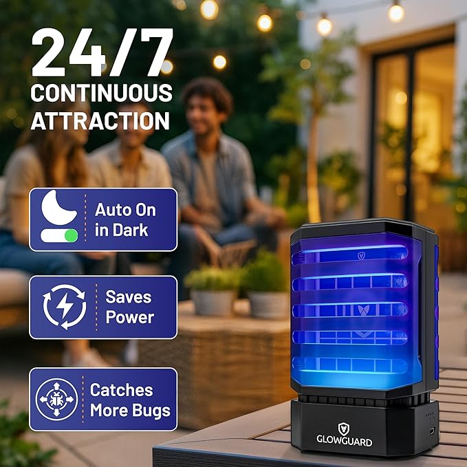 GlowGuard-X Rechargeable Indoor Fly Trap & Gnat Killer, Multi-Purpose Mosquito Trap and Shockless Indoor Bug Zapper, Includes 1 Device + 4 Glue-Card Refills, 48hr Battery Life, Black