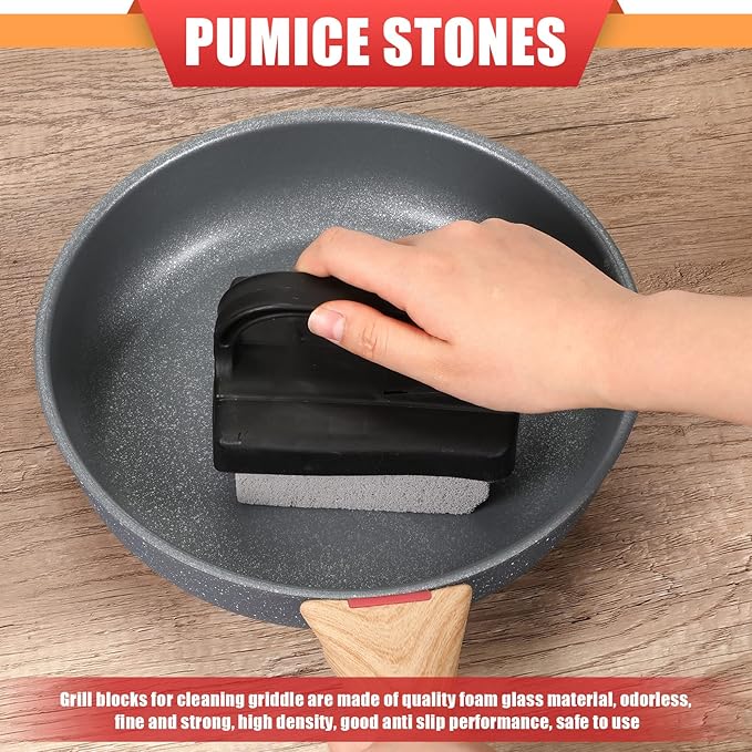 Kacctyen 16 Pcs Pumice Stones Scrubbing Grill Griddle Cleaning Brick Block Grill Cleaning Stone Griddle Scrubber Cleaner with 2 Pcs Handle for Outdoor BBQ Oven Flat Top Cookers Remove Greases Stains