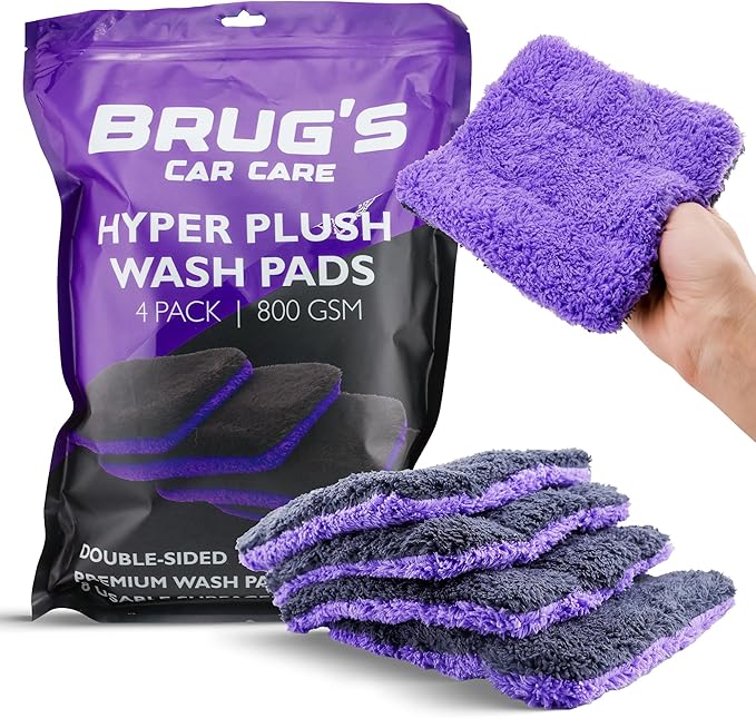 Brug’s® HyperPlush Wash Pads – 4 Pack | 800 GSM 70/30 Premium Microfiber | Scratch-Free Car Wash Pads with Grip Thumb Hole