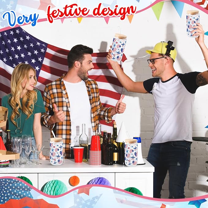 Sliner 2 Pcs Patriotic Glass Cups 4th of July Gifts Tumbler with Lid Straw American Flag Star Iced Coffee Cup 16 oz Red White Blue Drinking Glasses for Women
