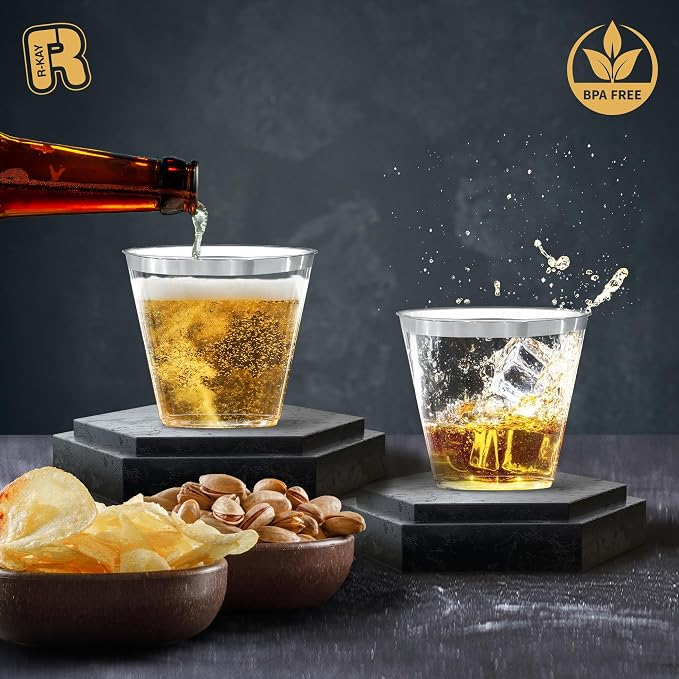 R-kay Silver Plastic Cups - 100 Pack - 9 Oz Clear Cups - Hard, Disposable, Heavy Duty Party Cups - Plastic Wine & Cocktail Glasses