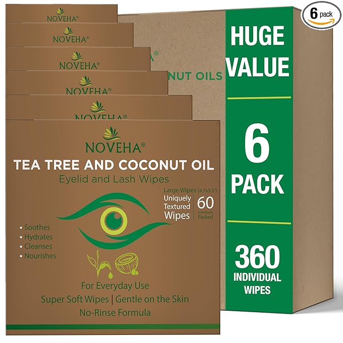 NOVEHA 360PCs Tea Tree & Coconut Oil Eyelid & Lash Wipes | For Demodex, Blepharitis & Itchy Eyes, Box Of 60 Individually Wrapped Eyelash Wipes With Aloe Vera, Natural Makeup Remover