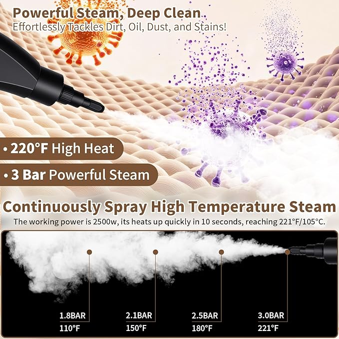 Steam Cleaner Handheld High Pressure, Portable High Power Steam Cleaner, Handheld Steam Cleaner Cleaning Grout With Large Water Tank & 18 Accessories For Car Floor White