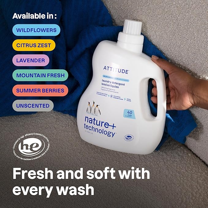Bundle of ATTITUDE Liquid Laundry Detergent, EWG Verified Laundry Soap, HE Compatible, Vegan Products, Cruelty-Free, 40 Loads, 67.6 Fl Oz + Laundry Fabric Softener, Unscented, 40 Loads, 33.8 Fl Oz