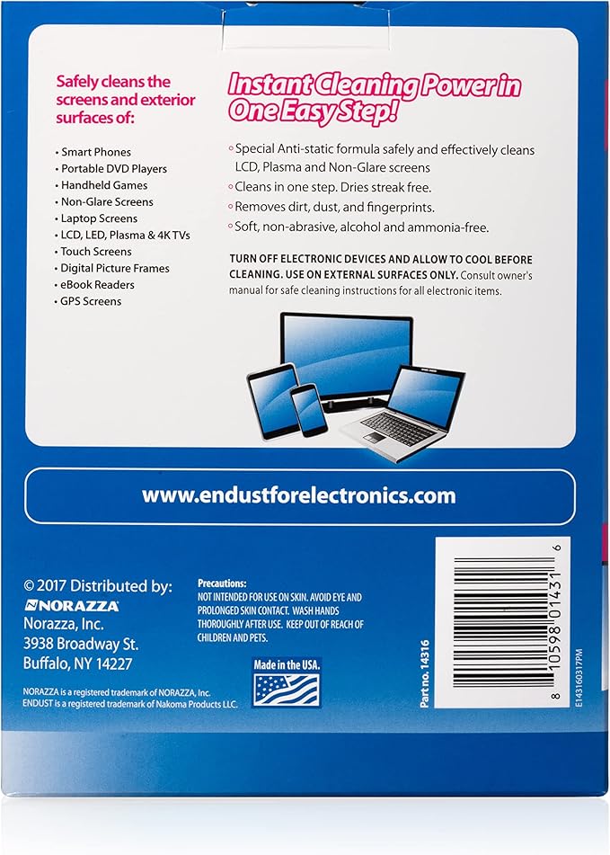 Endust for Electronics; Individually Wrapped, Portable, Anti-Static, Screen & Electronics Cleaning Wipes; 150 Count (14316)