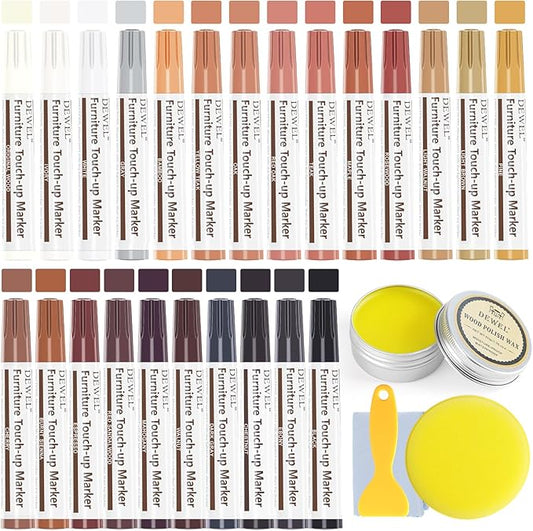DEWEL Furniture Markers Touch Up, 24 Colors Wood Markers Furniture Repair with Polish Wax, Upgrade Furniture Repair Kit, Repair Pens for Scratches, Floor, Table, Cabinet, Bedpost