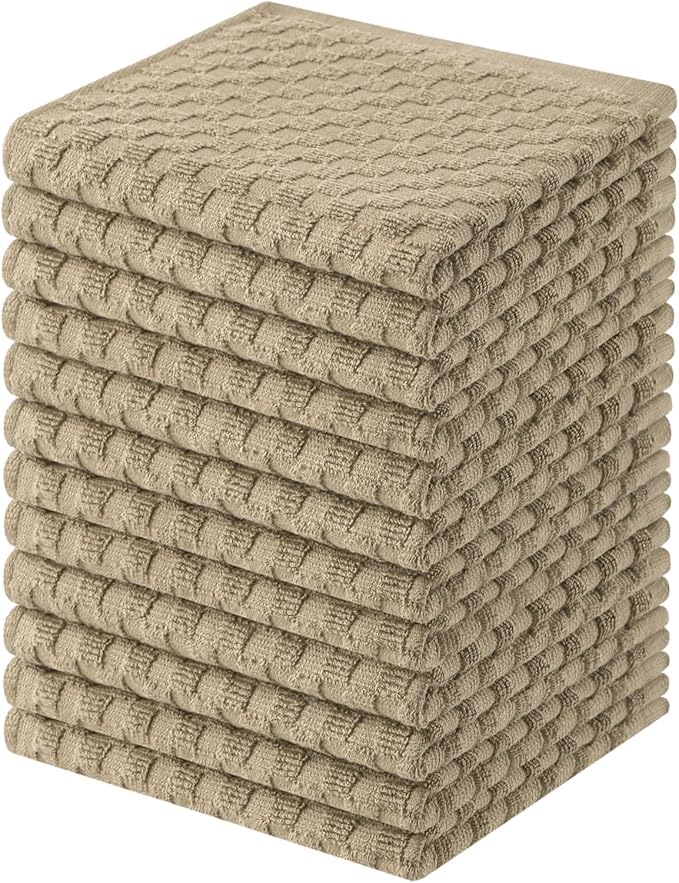 Homaxy 100% Cotton Terry Kitchen Dish Cloths, Ultra Soft Absorbent Dish Towels with Hanging Loop, Pineapple Grid Designed, 12 x 12 Inches, 12-Pack, Tan