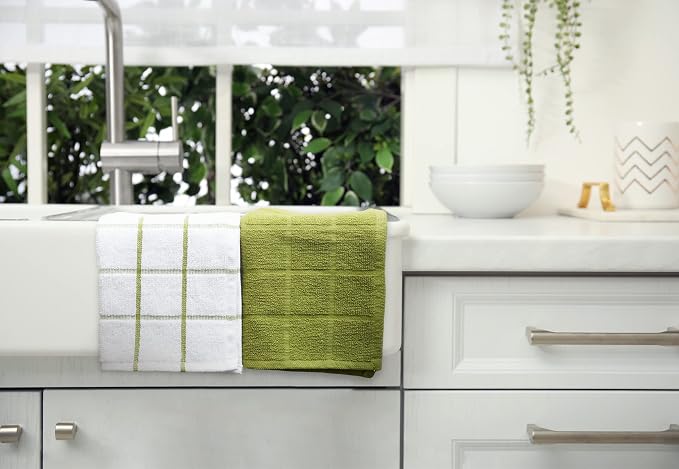 100% Cotton Terry Dish Cloth & Dish Towel, 8 Pack, Super Soft and Absorbent Kitchen Towels, Perfect for Kitchen Cleaning and Dish Washing (Green (Solid and Checks) 8 Pack)