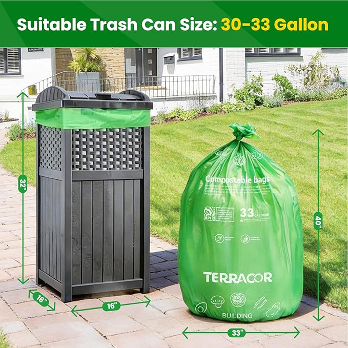 30-33 Gallon Compostable Trash Bags Liners Flat-Top, Heavy Duty Extra Thick 1.28 Mil, 124.92 Liter, 30 Bags, Lawn, Yard, and Restaurant Use, ASTM D6400, US BPI Certified