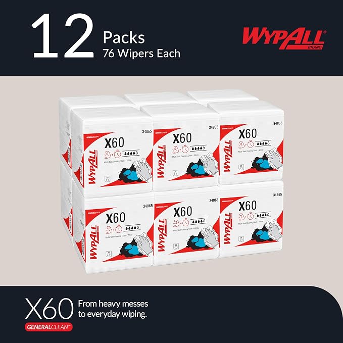 WypAll GeneralClean X60 Cloths Multi-Task Cleaning Wipes (34865), Quarterfold, Strong and Absorbent Towels, White (12 Packs of 76 Sheets, 912 Sheet Total)