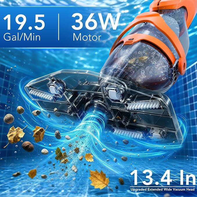 (2026 Upgraded) COWSAR Cordless Pool Vacuum, 19.5 GPM/50kPa Dual Modes Powerful Suction, 13.4" Wider Head & 70.9" Telescopic Pole, 1H Runtime