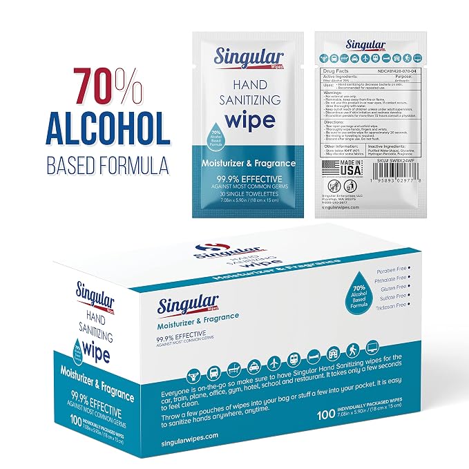 Hand Sanitizing Wipes Travel Size by Singular Wipes – 100ct Individually Wrapped | Fresh Citrus Scent, Moisturizing, 70% Alcohol Wipes | Travel, Office, School, Home