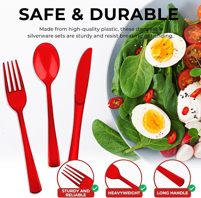 75 PCS Plastic Silverware Disposable Silverware Heavy Duty Utensil Sets 25 Of Each Forks Knives & Spoons Disposable Cutlery Set For Easter,Birthday,Baby Shower,Garden Party,Wedding(75,Red)