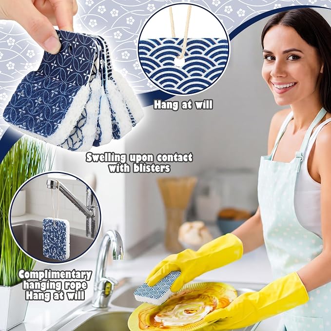 Hahafelt 36 Counts Compressed Cellulose Sponges Bulk Pop up Japanese Pattern Natural Kitchen Compostable Non Scratch Dish Sponges for Washing Dishes, Cleaning Countertop Sink