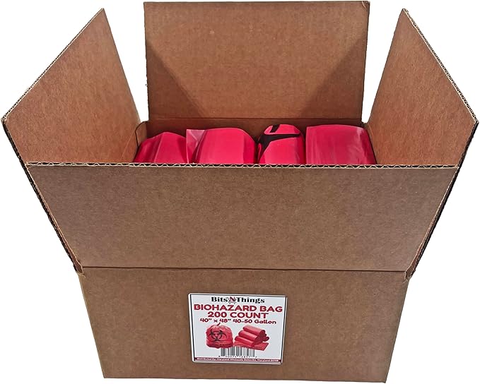 Bits N Things Infectious Biohazard Red Waste Bags Hazardous Trash Can Liners | Medical Grade No Leak Bags | Great for Lab Containers, Swabs, Pads, Gloves | 200 Count - 40" x 48" (40-50 Gallon)