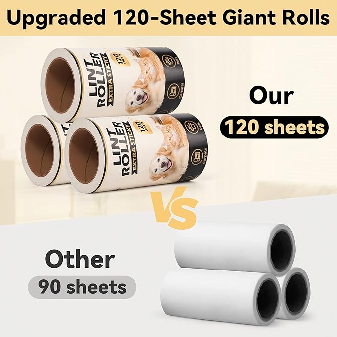 Extra Sticky Lint Rollers for Pet Hair Removal, 3.9 Inch Rolls Size 8 Rollers 960 Sheets (120 Sheets/Roll), Pet Hair Lint Roller for Clothes Furniture Carpets Dog Cat Fur