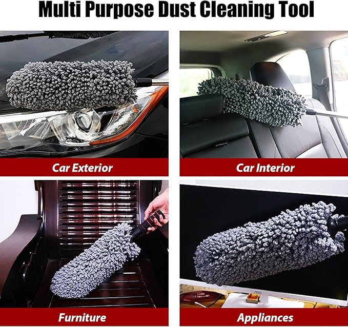 4Pcs Car Duster Kit, Multipurpose Dense Microfiber Duster for Car Exterior & Interior Cleaning, Dashboard A/C Vents Detailing Brush, Scratch Free Lint Free, Extendable Handle