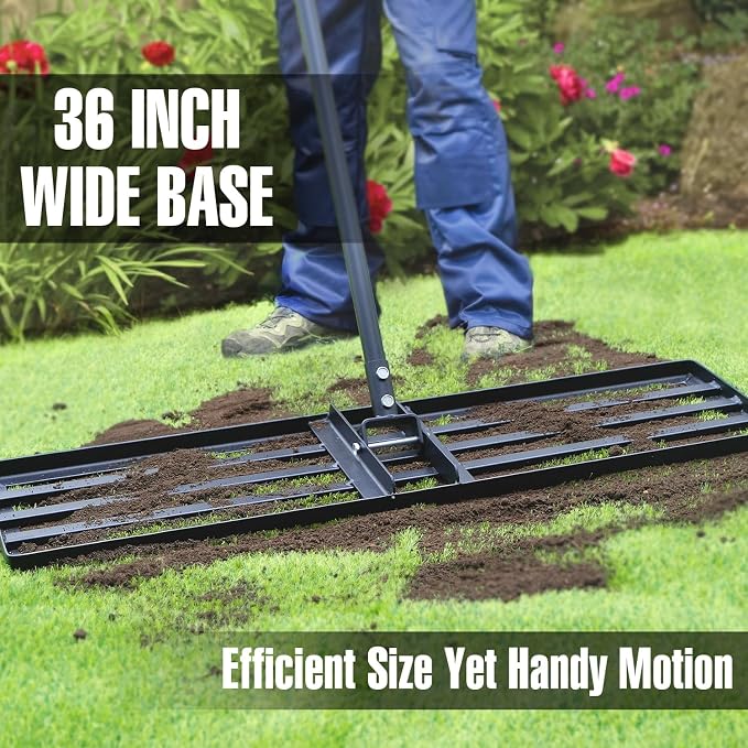 Jardineer 36 Inch Heavy Duty Lawn Leveling Rake, 72 Inch Long Handle Yard Leveler for Grass Soil, Ground Dirt Leveler Tool for Lawn, Garden, Golf Course Maintenance