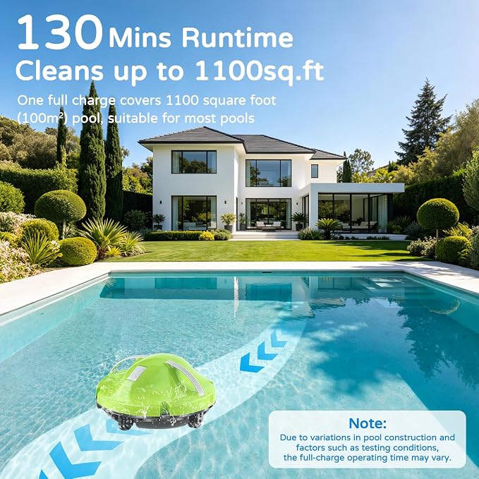 2026 New Cordless Robot Pool Vacuum, Automatic Pool Cleaner Robot with Dual-Motor, 130mins Runtime & Auto Parking Robotic Pool Vacuum for Above Ground Pool Up to 1100 Sq.Ft,JQR-V201,Green