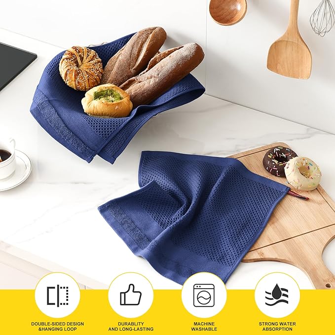 Homaxy Kitchen Towels and Dishcloths Set, 12 x 12 and 13 x 28 Inches, Set of 10 100% Cotton Waffle Weave Kitchen Towels, Super Soft and Absorbent Dish Cloths, Navy Blue