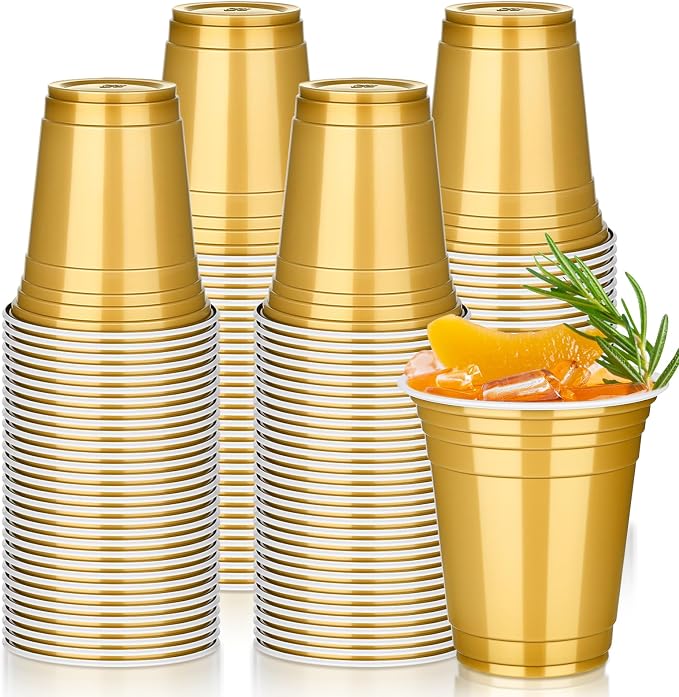tchrules 100 Pcs 12oz Gold Plastic Cups, Disposable Gold Party Cup for Christmas, Plastic Drinking Cup Bulk for Halloween Thanksgiving Birthday Wedding Picnic Party Decoration Supplies