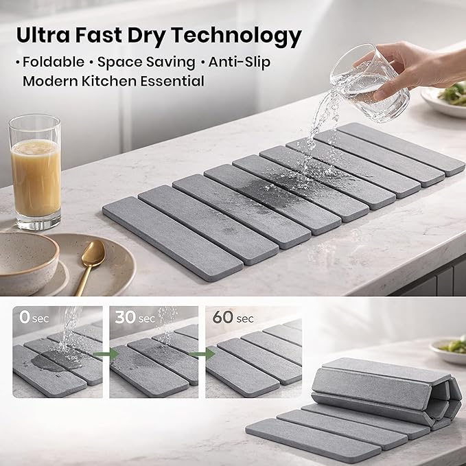 Kitchen Dish Drying Mat - Super Absorbent Microfiber Countertop Drainer Pad, Quick Dry Sink Mat for Dishes, Glassware & Utensils, Non-Slip Kitchen Counter Protector (Light Grey)