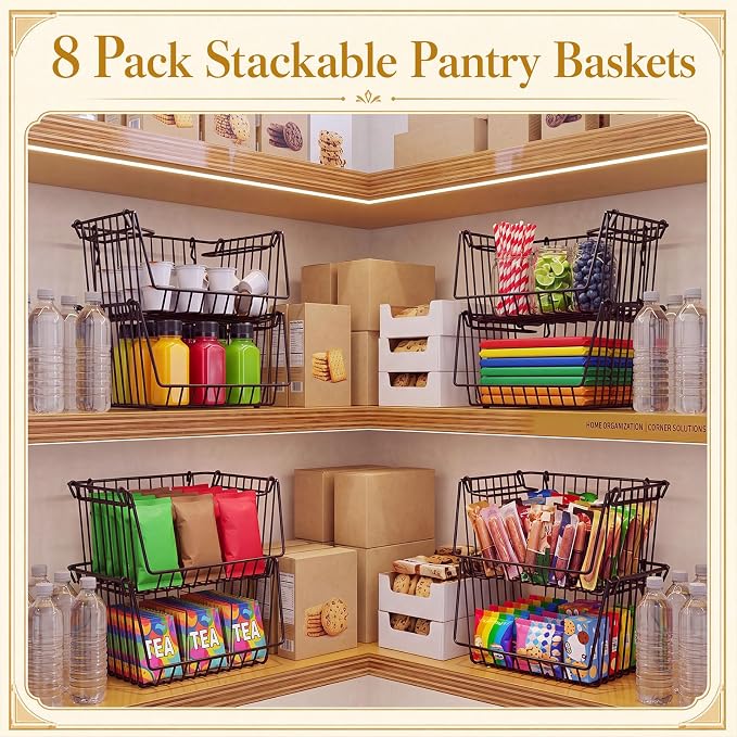 8 Pack Small Stackable Metal Wire Storage Baskets with Handles Bulk 6.5" L x 5.1" W x 3.5" H Mini Black Metal Wire Pantry Storage Bins for Countertop, Cleaning Supplies, Sauce, Toiletries
