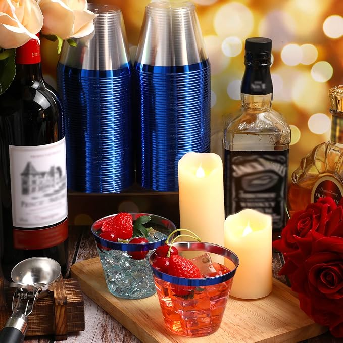 Lounsweer 100 Pcs 9oz Rimmed Plastic Cups Wedding Clear Cocktail Cups Heavy Duty Disposable Wine Glasses for Birthday Bridal Shower Baby Shower Holiday Celebrations(Blue)