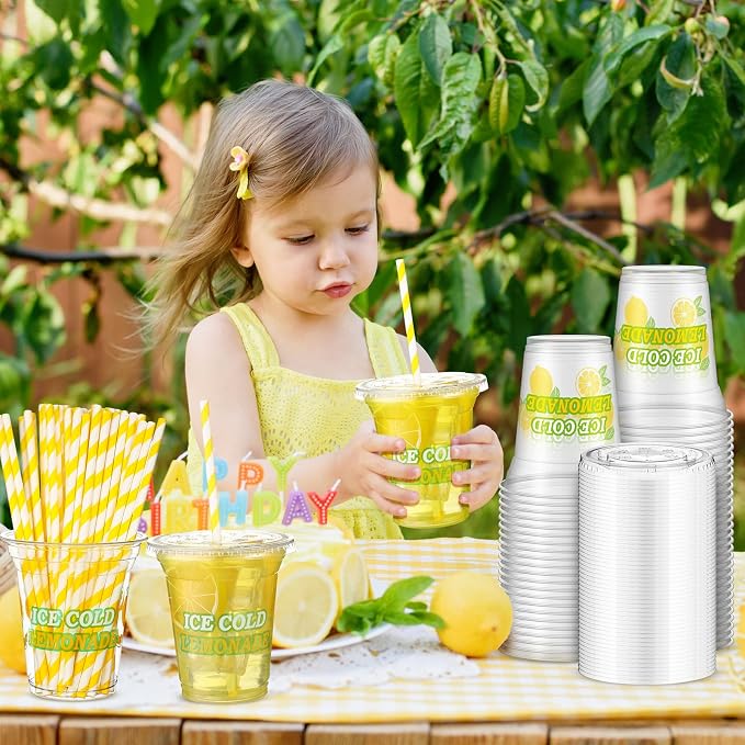 Umigy 100 Pack Plastic Disposable Cups with Lids and Straws 12 oz Disposable Cups for Juice Water Coffee Summer Party Sports Party Supplies (Ice Cold)