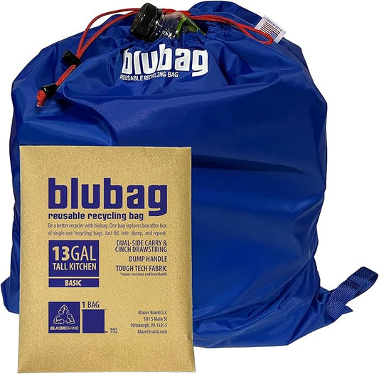 blubag Reusable Recycling Bag, 13-Gal Tall Kitchen, basic edition – Paracord Drawstring, Cinch Hardware, Dump Handle, 1-Pack