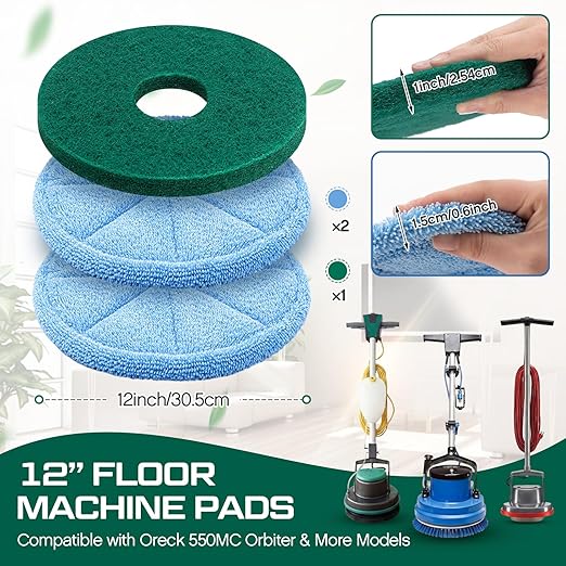Batiyeer 3 Pack 12" Commercial Microfiber Carpet Bonnet Mopping Buffing Pad Floor Machine Pads Compatible with BGEM9000, ORB550MC Floor Machines, and Orbiter Pads 437053 (Blue,Green)