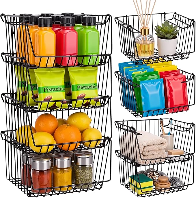 8 Pack Small Stackable Metal Wire Storage Baskets with Handles Bulk 6.5" L x 5.1" W x 3.5" H Mini Black Metal Wire Pantry Storage Bins for Countertop, Cleaning Supplies, Sauce, Toiletries
