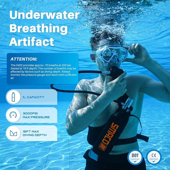 SMACO Mini Scuba Tank 1L Small Diving Tank for Underwater Breathing Portable Lung Air Tank Diving Oxygen Cylinder Kit for Emergency Rescue Boat Cleaning Backup Air Source Pony Bottle S400