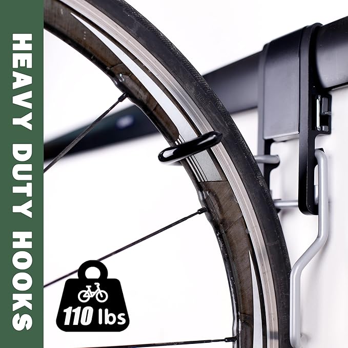 Wall 2/3/4 Bike rack, Fits Max 3 Inch for Mountain Bike eBike, 110 lbs Weight Capacity, with Helmet Hook, Modular Hook Track Design Heavy duty Wall mount Bicycle Hanger for Garage Storage