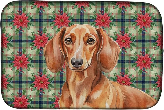 Caroline's Treasures Red Brown Dachshund Christmas PoinsettIas Dish Drying Mat Absorbent Dish Drying Mat Pad for Kitchen Counter Dish Drainer Mat for Countertop, 14 x 21", Multicolor