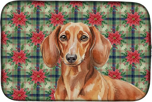 Caroline's Treasures Red Brown Dachshund Christmas PoinsettIas Dish Drying Mat Absorbent Dish Drying Mat Pad for Kitchen Counter Dish Drainer Mat for Countertop, 14 x 21", Multicolor