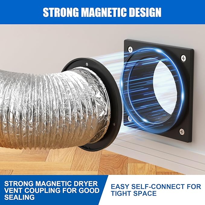 Magnetic Dryer Vent, Airtight Seal Magnetic Dryer Vent Connector Kit Strong Magnet Dryer Vent Quick Connect Disconnect Easy to Clean Flexible Hose 4" Exhaust Duct Adapter Attachment with Clamp Screw