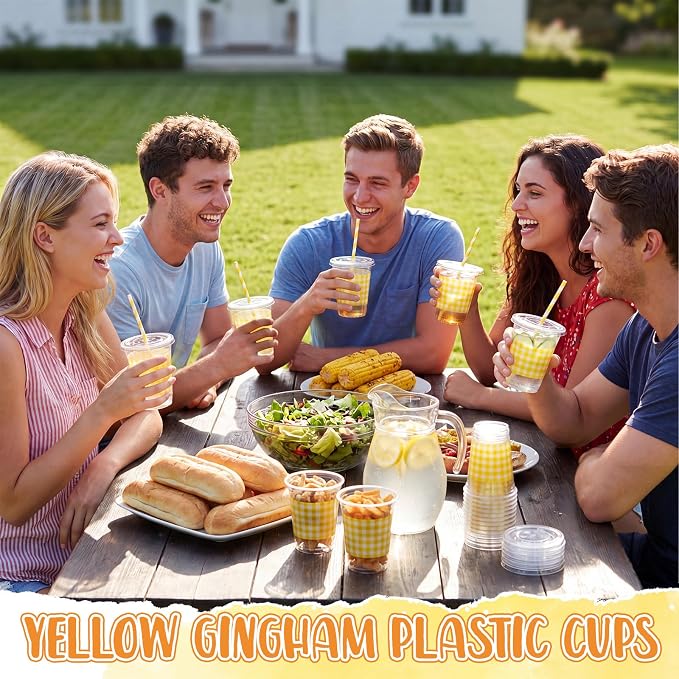 Domensi 25 Sets Yellow and White Gingham Plastic Cups with Lids and Paper Straws 12oz Checkered Party Disposable Cup Bulk Drinking Cup for Cold Drink Baby Shower Wedding Birthday Summer Party Supplies