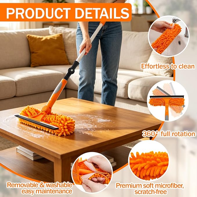 High Ceiling Duster Replacement Heads for Cleaning Fits Standard Threaded Poles, Duster Attachment with Ceiling Fan Cleaner Cobweb Duster Window Squeegee Microfiber Feather Duster Head Swivel Joint