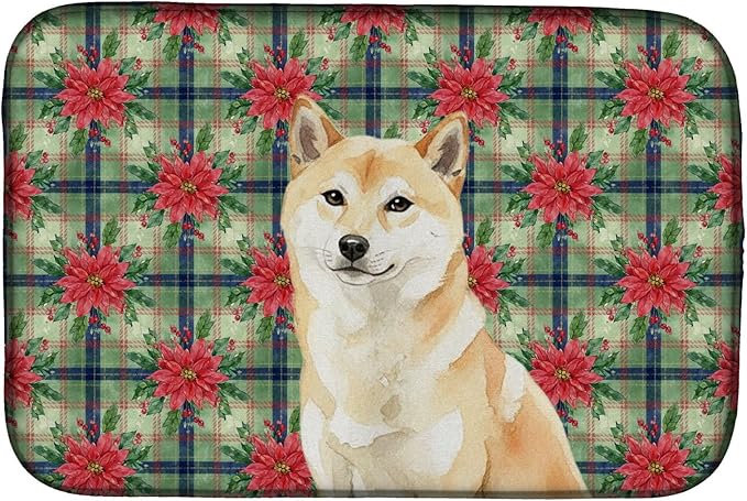 Caroline's Treasures Cream Shiba Inu Christmas PoinsettIas Dish Drying Mat Absorbent Dish Drying Mat Pad for Kitchen Counter Dish Drainer Mat for Countertop, 14 x 21", Multicolor