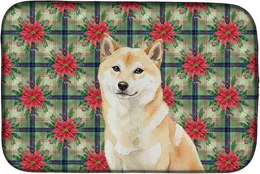 Caroline's Treasures Cream Shiba Inu Christmas PoinsettIas Dish Drying Mat Absorbent Dish Drying Mat Pad for Kitchen Counter Dish Drainer Mat for Countertop, 14 x 21", Multicolor