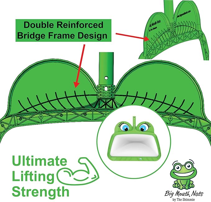 The Skimmie Ms. Frog Large Leaf Rake - 20" Wide Big Mouth Pool Leaf Skimmer Net for Deep Cleaning of Debris in Above Ground and In Ground Swimming Pools, Spa Hot Tubs, and Ponds