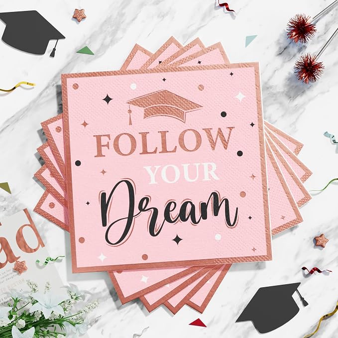 Graduation Decoration Class of 2026 Pink Graduation Decoration 175 PCS - Rose Gold Grad Party Supplies Disposable Dinnerware (Serves 25) Paper Plates Cup Napkin Fork Knife Spoon (Pink & Black)